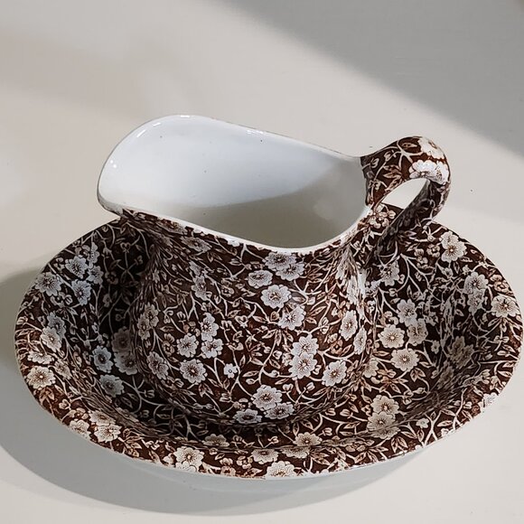 Rare: Staffordshire Brown Calico Pitcher and Oval  Bowl Crownford China Company - Picture 1 of 10
